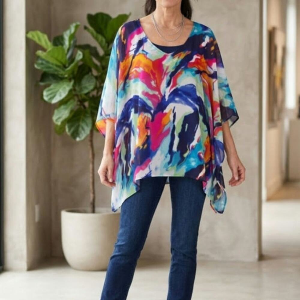 Chico's kimono batwing sheer abstract tunic top swim coverup Large XL blue red